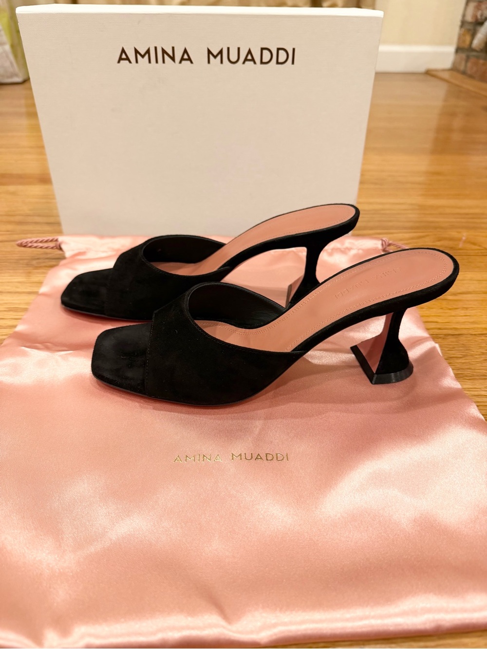 AMINA MUADDI Lupita Slipper 70 Black Suede Mule Sandals Heels 39.5 - Picture 5 of 11